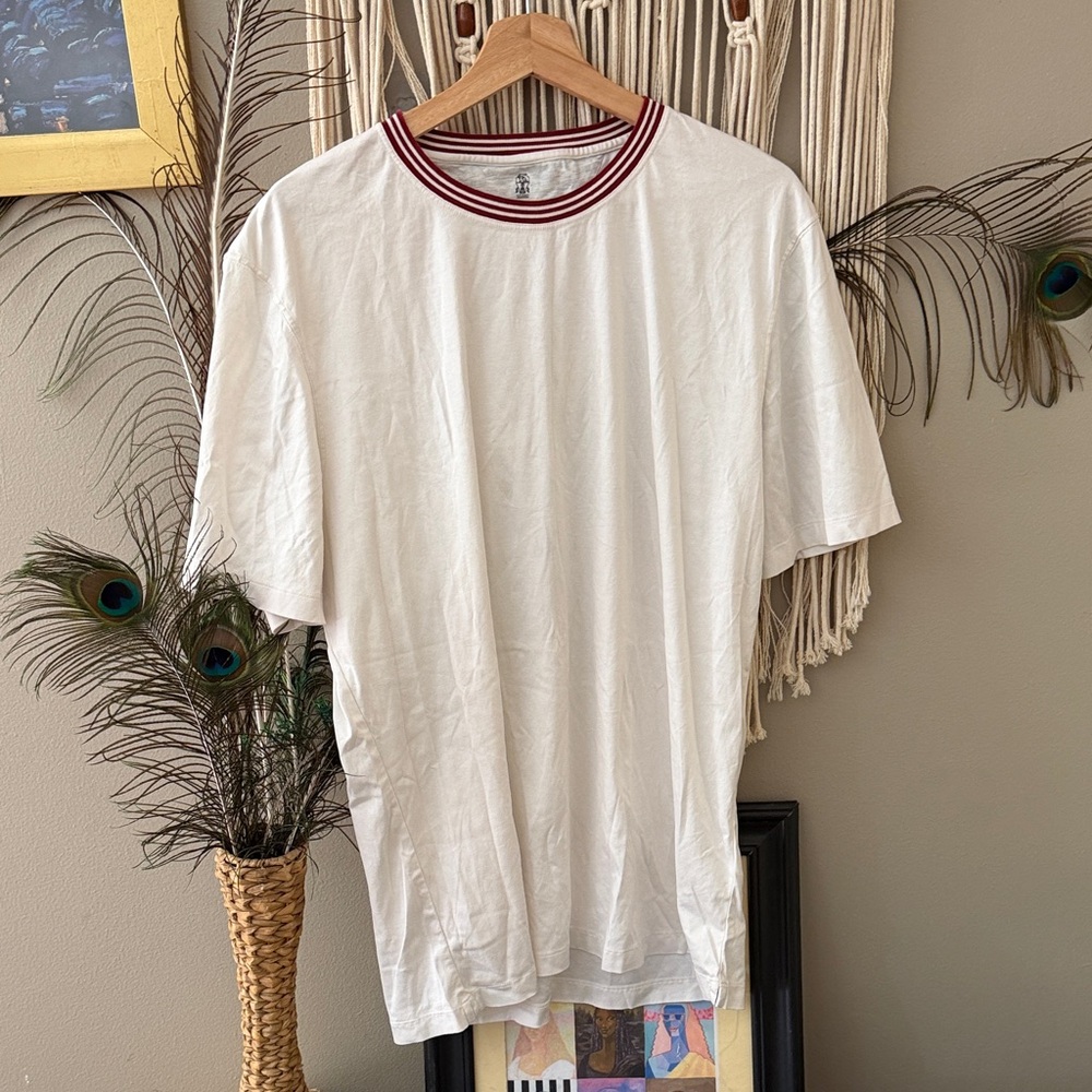 Brunello Cucinelli - Oversized White Crew Neck T-Shirt with Red Accents